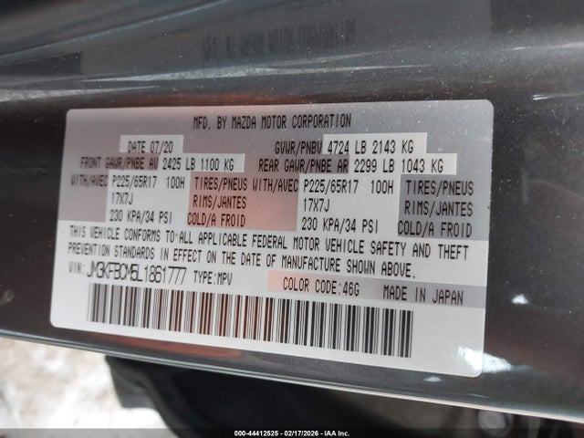 44412525 :رقم المزاد ، JM3KFBCM5L1861777 vin ، 2020 Mazda Cx-5 Touring مزاد بيع