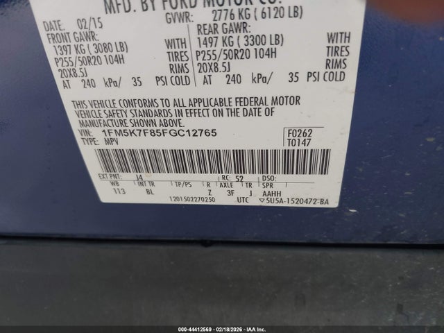 1FM5K7F85FGC12765 Ford Explorer Limited