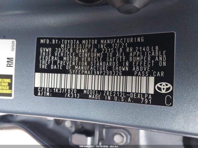 44412627 :رقم المزاد ، 5YFEPMAE9NP299326 vin ، 2022 Toyota Corolla Le مزاد بيع