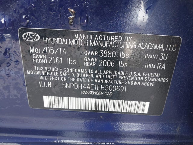 44412652 :رقم المزاد ، 5NPDH4AE1EH500691 vin ، 2014 Hyundai Elantra Limited مزاد بيع