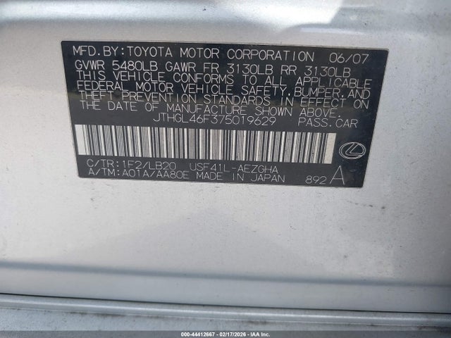 2007 Lexus Ls 460 L მანქანა იყიდება აუქციონზე, vin: JTHGL46F375019629, აუქციონის ნომერი: 44412667