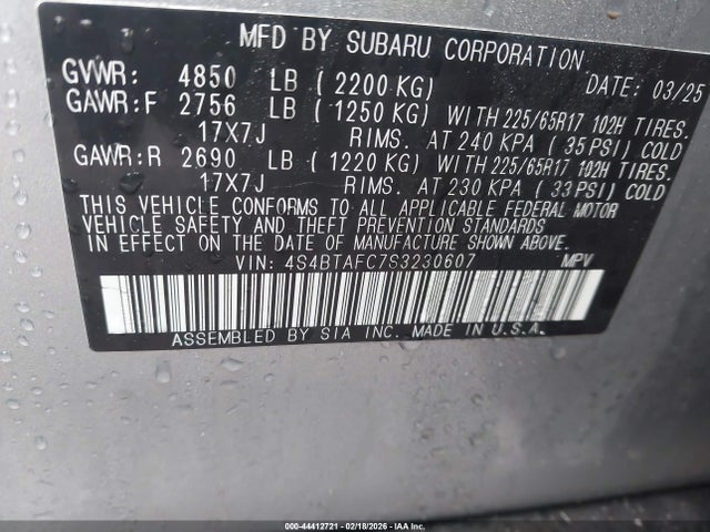 Aukcja sprzedaży 2025 Subaru Outback Premium, vin: 4S4BTAFC7S3230607, numer aukcji: 44412721