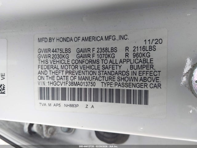 1HGCV1F38MA013750 Honda Accord Sport