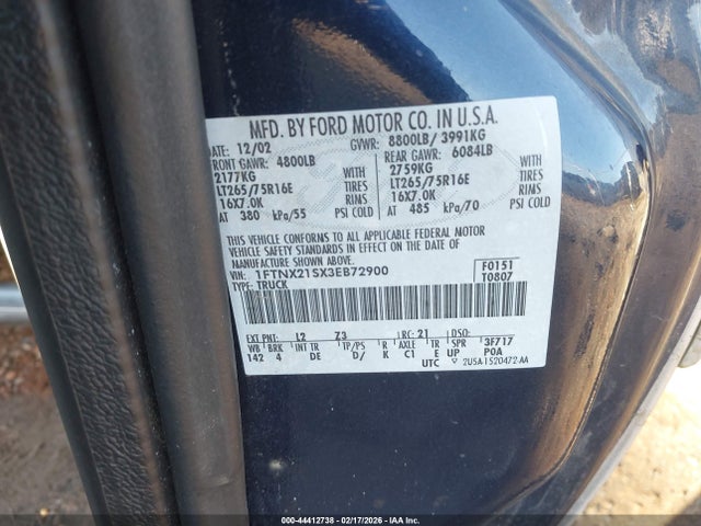 Продаж на аукціоні авто 2003 Ford F-250 Lariat/xl/xlt, vin: 1FTNX21SX3EB72900, номер лоту: 44412738