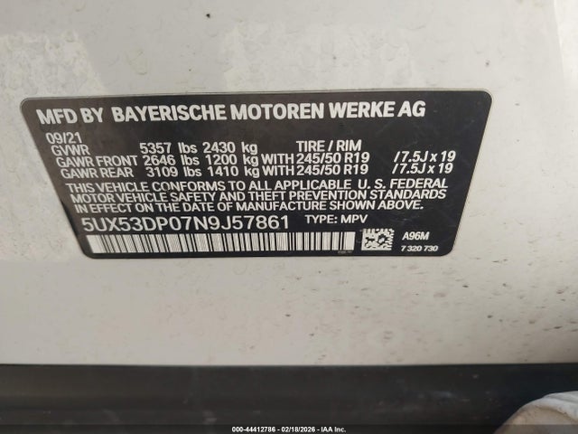 Aukcja sprzedaży 2022 Bmw X3 Xdrive30i, vin: 5UX53DP07N9J57861, numer aukcji: 44412786