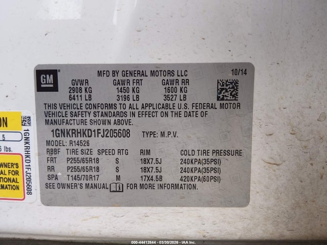 Aukcja sprzedaży 2015 Chevrolet Traverse 2lt, vin: 1GNKRHKD1FJ205608, numer aukcji: 44412844