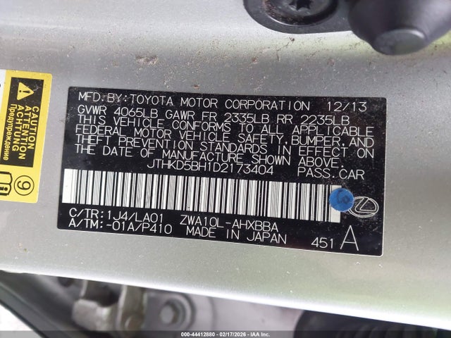 Продаж на аукціоні авто 2013 Lexus Ct 200h, vin: JTHKD5BH1D2173404, номер лоту: 44412880