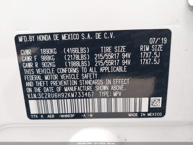 3CZRU6H92KM733467 Honda Hr-v Touring
