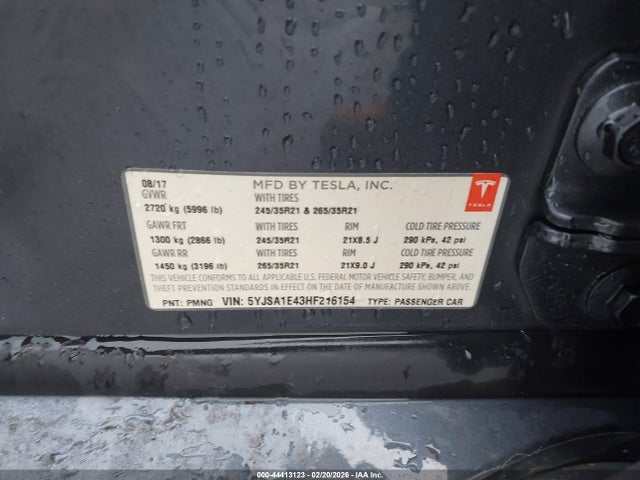 Продаж на аукціоні авто 2017 Tesla Model S, vin: 5YJSA1E43HF216154, номер лоту: 44413123
