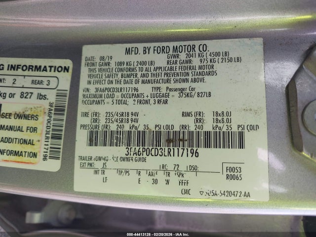 2020 Ford Fusion Sel მანქანა იყიდება აუქციონზე, vin: 3FA6P0CD3LR117196, აუქციონის ნომერი: 44413128