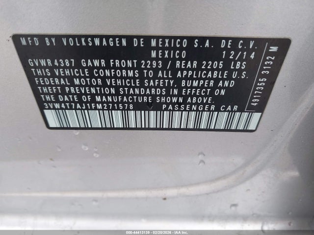 44413139 :رقم المزاد ، 3VW4T7AJ1FM271578 vin ، 2015 Volkswagen Jetta 2.0t Gli Se مزاد بيع