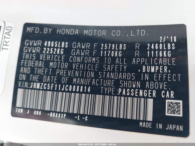 JHMZC5F11JC008814 Honda CLARITY PLUG-IN HYBRID