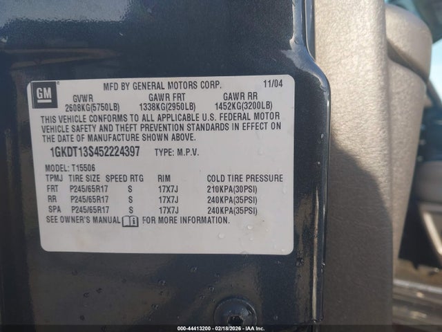 44413200 :رقم المزاد ، 1GKDT13S452224397 vin ، 2005 Gmc Envoy Slt مزاد بيع