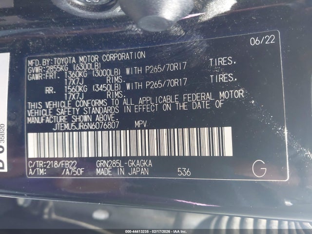 44413235 :رقم المزاد ، JTEMU5JR6N6076807 vin ، 2022 Toyota 4runner Sr5 مزاد بيع