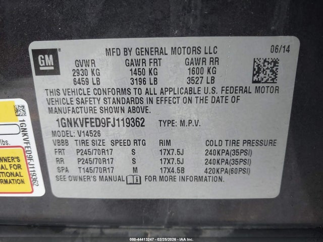 Aukcja sprzedaży 2015 Chevrolet Traverse Ls, vin: 1GNKVFED9FJ119362, numer aukcji: 44413247