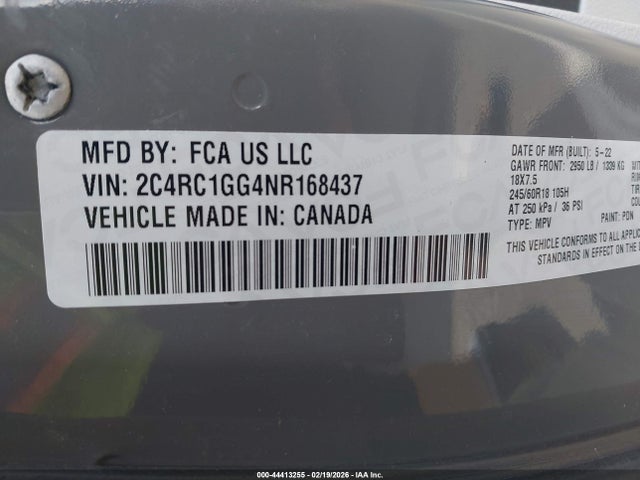 44413255 :رقم المزاد ، 2C4RC1GG4NR168437 vin ، 2022 Chrysler Pacifica Limited مزاد بيع