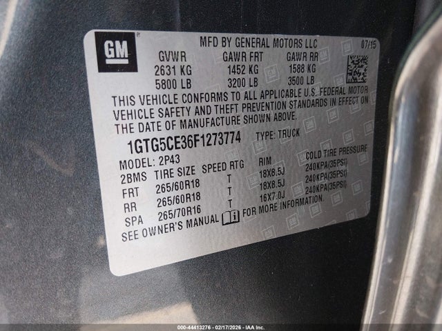 44413276 :رقم المزاد ، 1GTG5CE36F1273774 vin ، 2015 Gmc Canyon Slt مزاد بيع