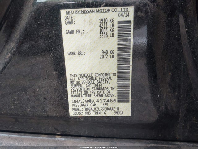 44413433 :رقم المزاد ، 1N4AL3AP8EC417466 vin ، 2014 Nissan Altima 2.5 S مزاد بيع