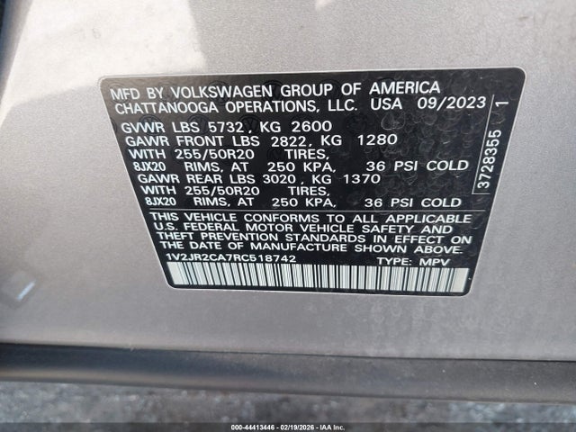 2024 Volkswagen Atlas 2.0t Se W/technology მანქანა იყიდება აუქციონზე, vin: 1V2JR2CA7RC518742, აუქციონის ნომერი: 44413446