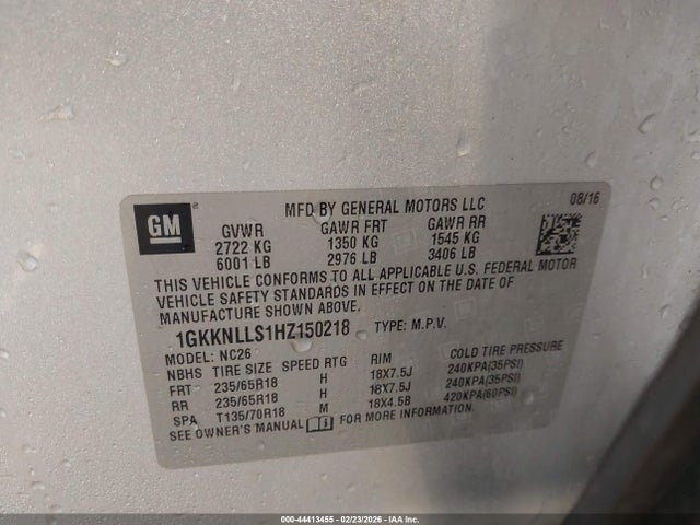2017 Gmc Acadia Sle-2 მანქანა იყიდება აუქციონზე, vin: 1GKKNLLS1HZ150218, აუქციონის ნომერი: 44413455