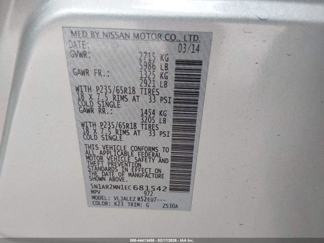5N1AR2MN1EC681542 Nissan Pathfinder Sv