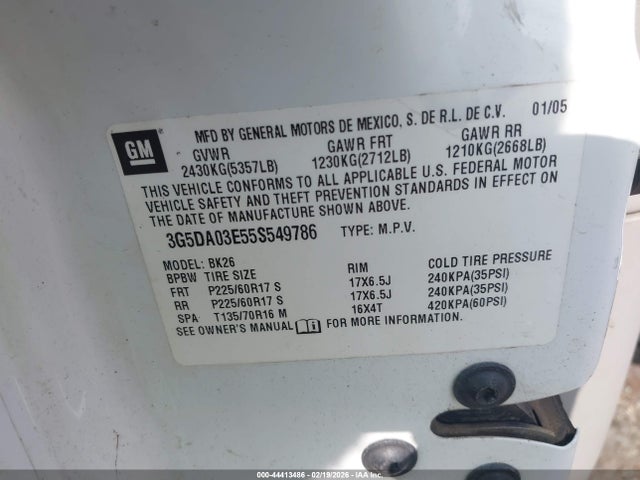 Aukcja sprzedaży 2005 Buick Rendezvous Cx, vin: 3G5DA03E55S549786, numer aukcji: 44413486