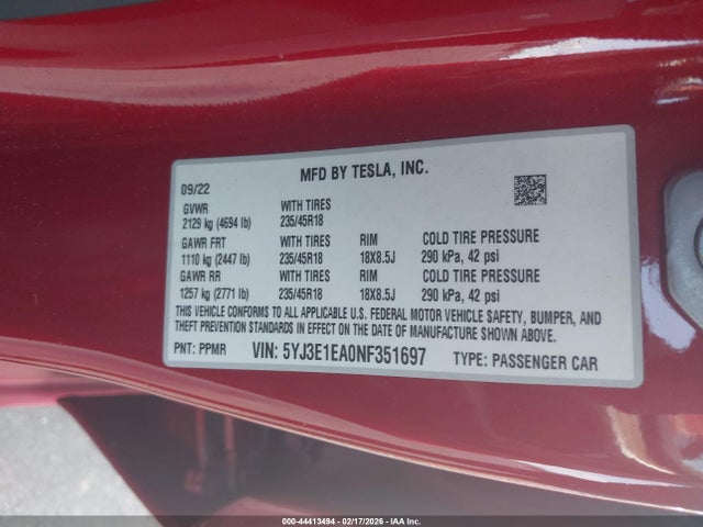 Продажа на аукционе авто 2022 Tesla Model 3 Rear-wheel Drive, vin: 5YJ3E1EA0NF351697, номер лота: 44413494