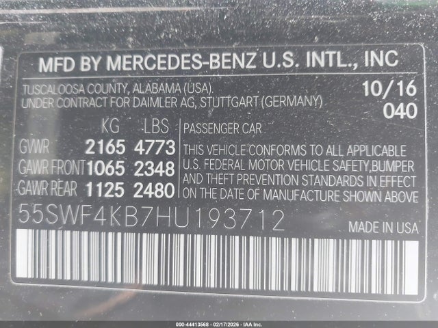 Aukcja sprzedaży 2017 Mercedes-benz C 300 4matic/luxury 4matic, vin: 55SWF4KB7HU193712, numer aukcji: 44413568