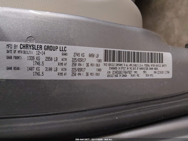 2015 Dodge Grand Caravan Se მანქანა იყიდება აუქციონზე, vin: 2C4RDGBG1FR647827, აუქციონის ნომერი: 44413577