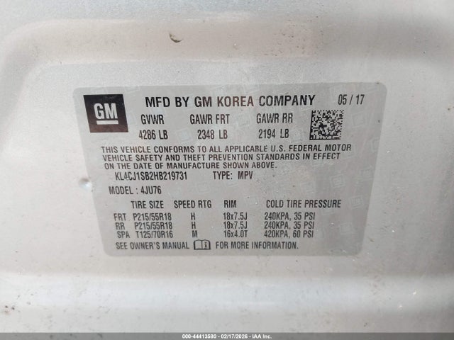 2017 Buick Encore Sport Touring მანქანა იყიდება აუქციონზე, vin: KL4CJ1SB2HB219731, აუქციონის ნომერი: 44413580