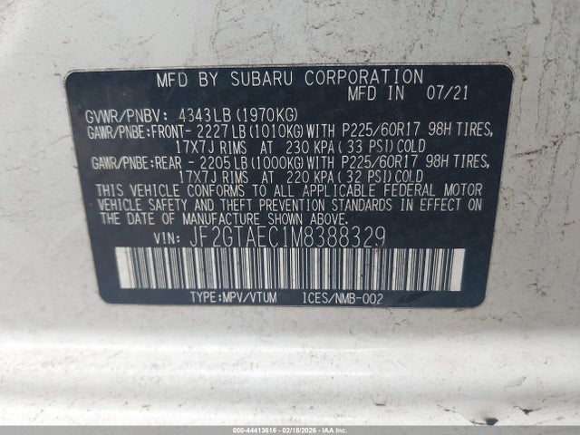 Aukcja sprzedaży 2021 Subaru Crosstrek Premium, vin: JF2GTAEC1M8388329, numer aukcji: 44413616