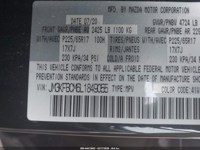 44413652 :رقم المزاد ، JM3KFBCM6L1849055 vin ، 2020 Mazda Cx-5 Touring مزاد بيع