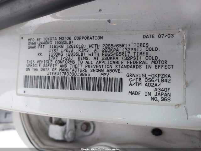 2003 TOYOTA 4RUNNER JTEBU17R030019865 Photo 8