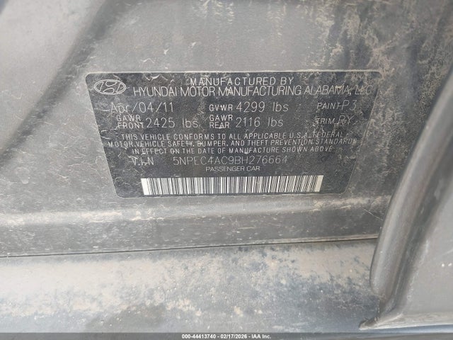 44413740 :رقم المزاد ، 5NPEC4AC9BH276664 vin ، 2011 Hyundai Sonata Limited مزاد بيع