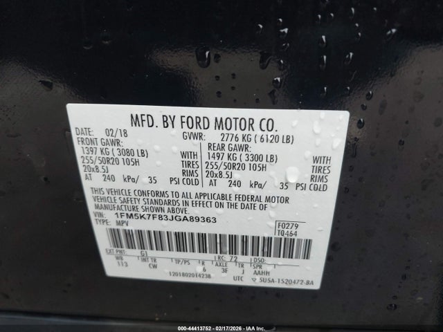 1FM5K7F83JGA89363 Ford Explorer Limited