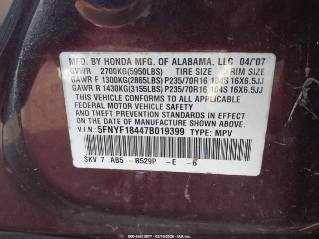 2007 HONDA PILOT 5FNYF18447B019399 Photo 8