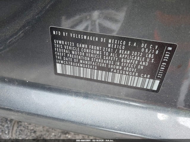 Aukcja sprzedaży 2019 Volkswagen Jetta 1.4t R-line/1.4t S/1.4t Se, vin: 3VWC57BU0KM045878, numer aukcji: 44413981
