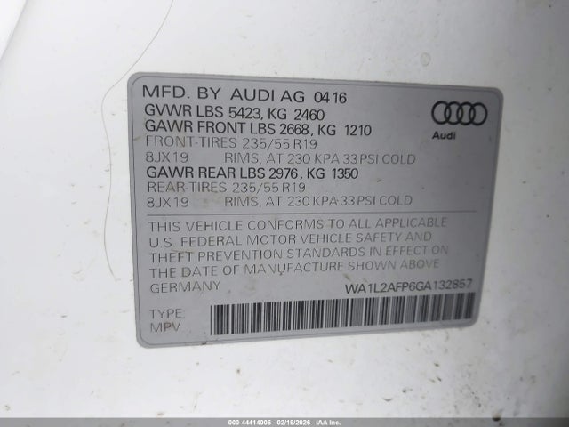 Продаж на аукціоні авто 2016 Audi Q5 2.0t Premium, vin: WA1L2AFP6GA132857, номер лоту: 44414006