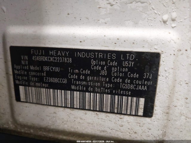 44414034 :رقم المزاد ، 4S4BRDKCXC2237838 vin ، 2012 Subaru Outback 3.6r Limited مزاد بيع