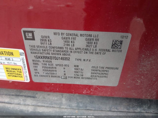 2013 Gmc Acadia Slt-1 მანქანა იყიდება აუქციონზე, vin: 1GKKRRKD7DJ149352, აუქციონის ნომერი: 44414066
