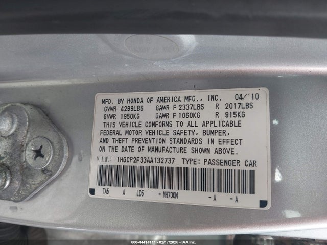 Aukcja sprzedaży 2010 Honda Accord 2.4 Lx, vin: 1HGCP2F33AA132737, numer aukcji: 44414111