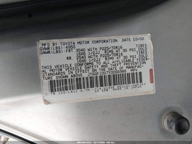 44414223 :رقم المزاد ، JT6GF10U7Y0066988 vin ، 2000 Lexus Rx 300 مزاد بيع