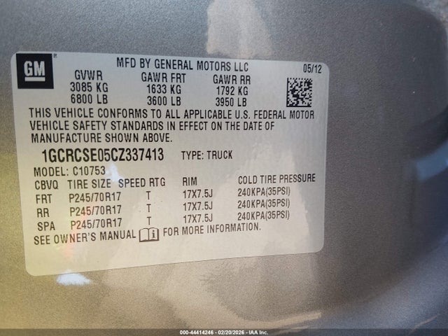 Aukcja sprzedaży 2012 Chevrolet Silverado 1500 Lt, vin: 1GCRCSE05CZ337413, numer aukcji: 44414246