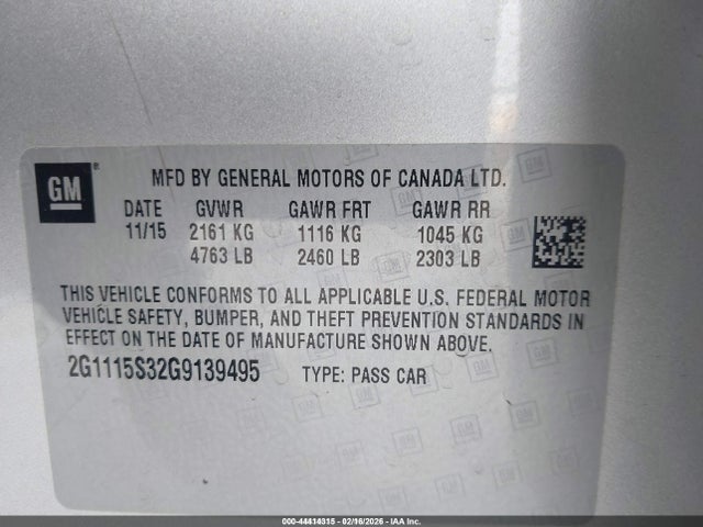 Aukcja sprzedaży 2016 Chevrolet Impala 2lt, vin: 2G1115S32G9139495, numer aukcji: 44414315