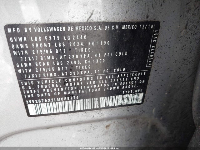 Продаж на аукціоні авто 2020 Volkswagen Tiguan 2.0t Se/2.0t Se R-line Black/2.0t Sel, vin: 3VV2B7AX2LM089774, номер лоту: 44414317