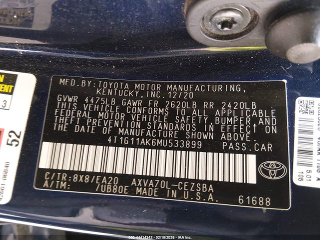2021 TOYOTA CAMRY 4T1G11AK6MU533899 Photo 8