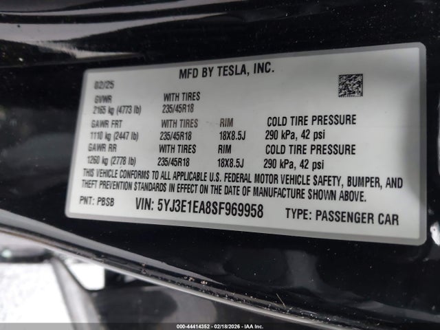 Aukcja sprzedaży 2025 Tesla Model 3 Long Range Rear-wheel Drive/standard Rear-wheel Drive, vin: 5YJ3E1EA8SF969958, numer aukcji: 44414352