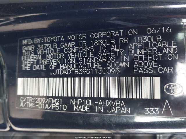 JTDKDTB39G1130093 Toyota Prius C Two
