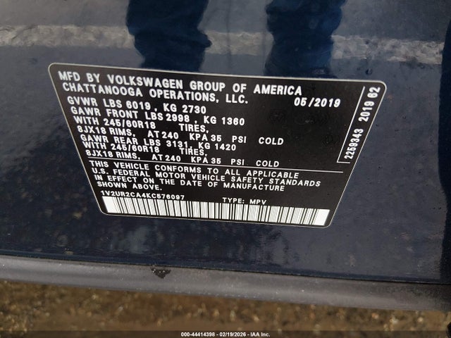 2019 Volkswagen Atlas 3.6l V6 Se W/technology მანქანა იყიდება აუქციონზე, vin: 1V2UR2CA4KC576097, აუქციონის ნომერი: 44414398