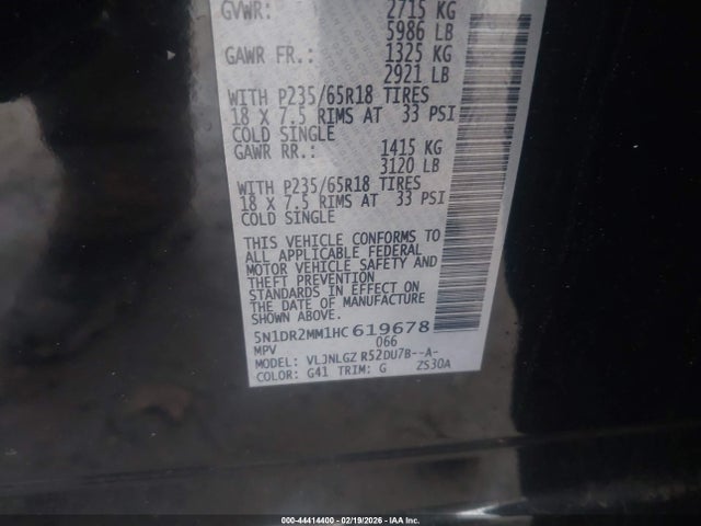44414400 :رقم المزاد ، 5N1DR2MM1HC619678 vin ، 2017 Nissan Pathfinder Sl مزاد بيع